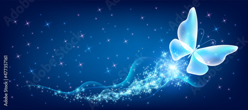 Fantasy delightful butterfly with sparkle and blazing fairy trail flying in night sky among shiny glowing stars in cosmic space.