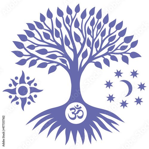 The tree if life with aum, om, ohm in center. Very peri color 2022. Vector graphics art