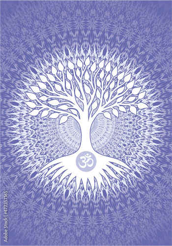 The tree of life on a openwork mandala with aum, om, ohm in center. Spiritual symbol. Vector art graphics
