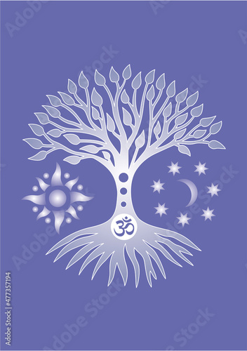 The tree of life with om, aum ohm sign in center. Spiritual symbol. Vector art graphics