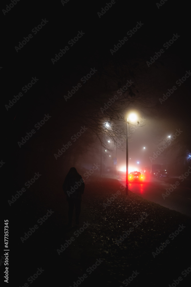 Fototapeta premium Man alone in the middle of the foggy street