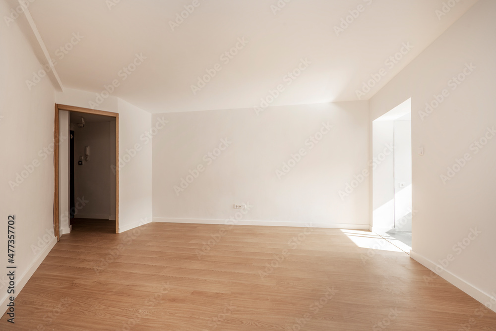 Empty room with freshly painted walls and oak wood floors and a large window through which the sunlight Empty room with freshly painted walls and oak wood floors and a large window through which the sunlight