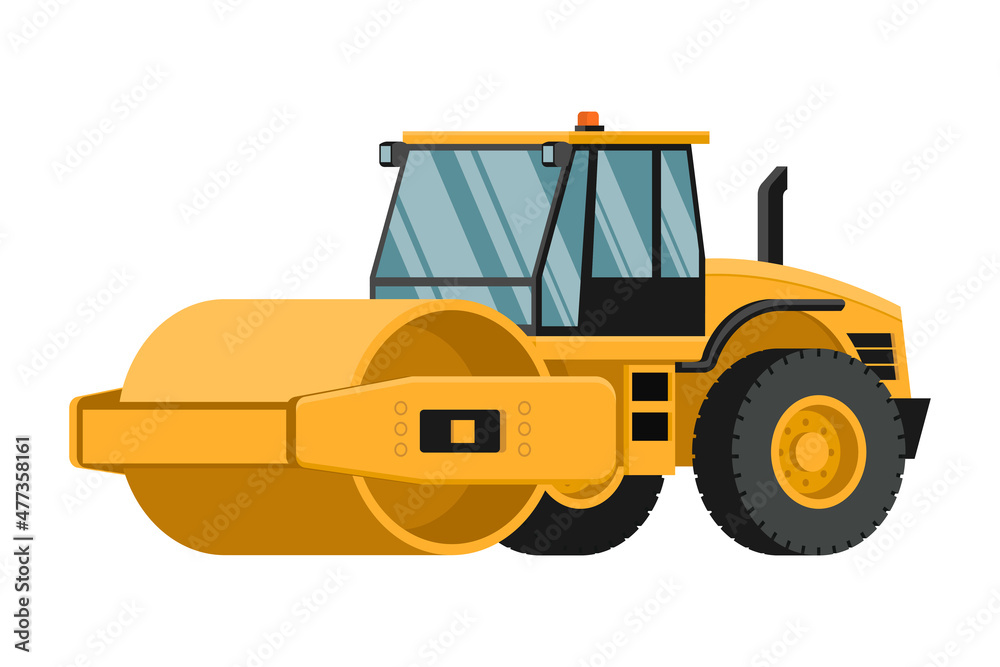 Yellow soil compactor 3d heavy machinery on white background.