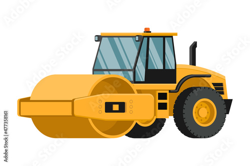 Yellow soil compactor 3d heavy machinery on white background.
