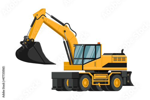 3d heavy machinery of yellow wheeled excavator for construction work on white background