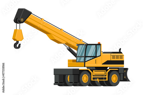 Fototapeta Naklejka Na Ścianę i Meble -  3d heavy machinery with yellow telescopic crane wheels on white background.