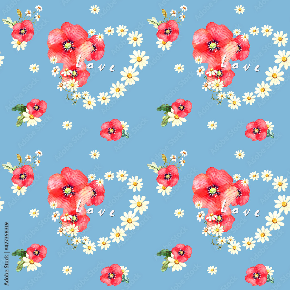 romantic seamless floral pattern with heart and wild summer flowers on a blue background, red poppies and white camomiles