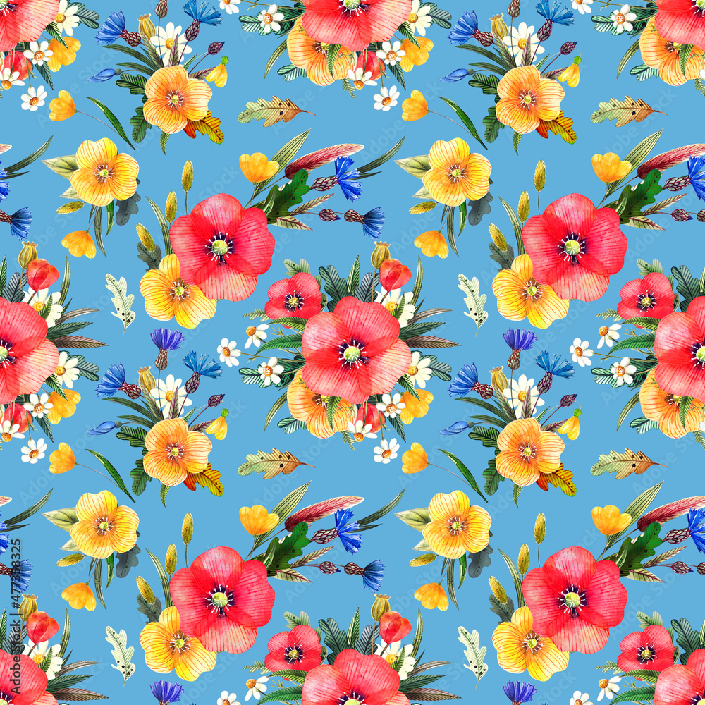 seamless floral pattern with wild  summer flowers on a blue background, red poppies, yellow poppies, cornflowers, camomiles 