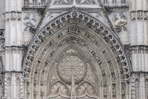 Architectural detail of Roman Catholic Gothic St. Peter and St. Paul Cathedral (Cathedrale Saint-Pierre-et-Saint-Paul) in Nantes. Construction began in 1434. Nantes, Loire Atlantique, France.