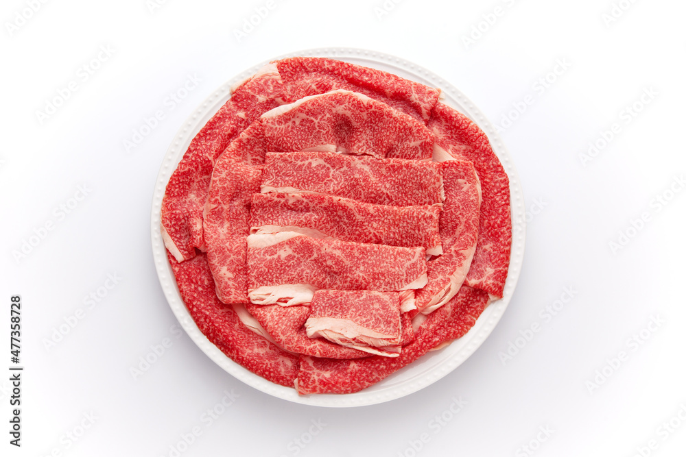 黒毛和牛バラ肉 すきやき用 赤身肉 白背景 黒毛和牛バラ肉 すきやき用 赤身肉 白背景