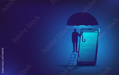 A man with an umbrella protects his profile on a mobile phone from hacker attacks. The concept of a vector illustration on the topic of cybersecurity and cyber defense. Horizontal banner template.