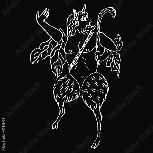 Ancient Greek satyr or god Pan. Fantastic mythological creature. Antique Coptic motif. Hand drawn sketch. White silhouette on black background.