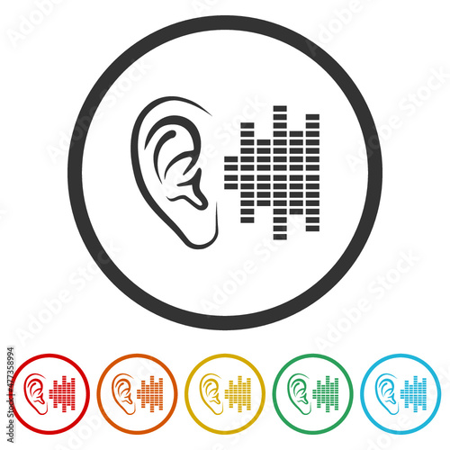 Human ear anatomy and auditory icon isolated on white background, color set