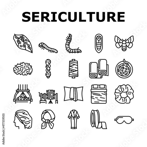 Sericulture Production Business Icons Set Vector. Hatchlings And Larvae Silkworm, Silk Neck Scarf And Ribbon, Pillowcase And Bed Fabric Sheets Line. Thread Wheel And Fiber Black Contour Illustrations