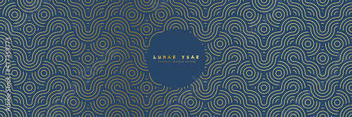 Japanese seamless pattern in oriental geometric traditional style. 3d gold premium ornament for lunar chinese new year decoration. Golden and blue abstract asian vector creative motif. Vintage tiger.