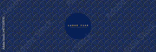Japanese seamless pattern in premium geometric traditional style. 3d wavy ornament for lunar chinese new year decoration. Gold and blue asian water vector creative motif. Vintage print.