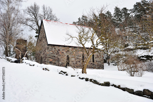 Loevoey Chapel in Horten, Norway in Winter photo