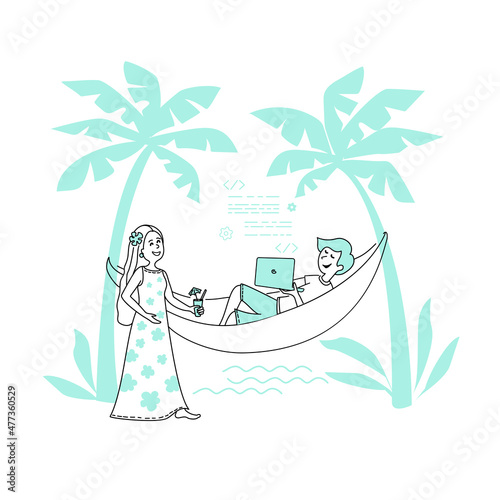 People in the office_developer man in a hammock and a woman relaxing on vacation and working remotely with a phone and messages by the sea and palm trees_line_flat
