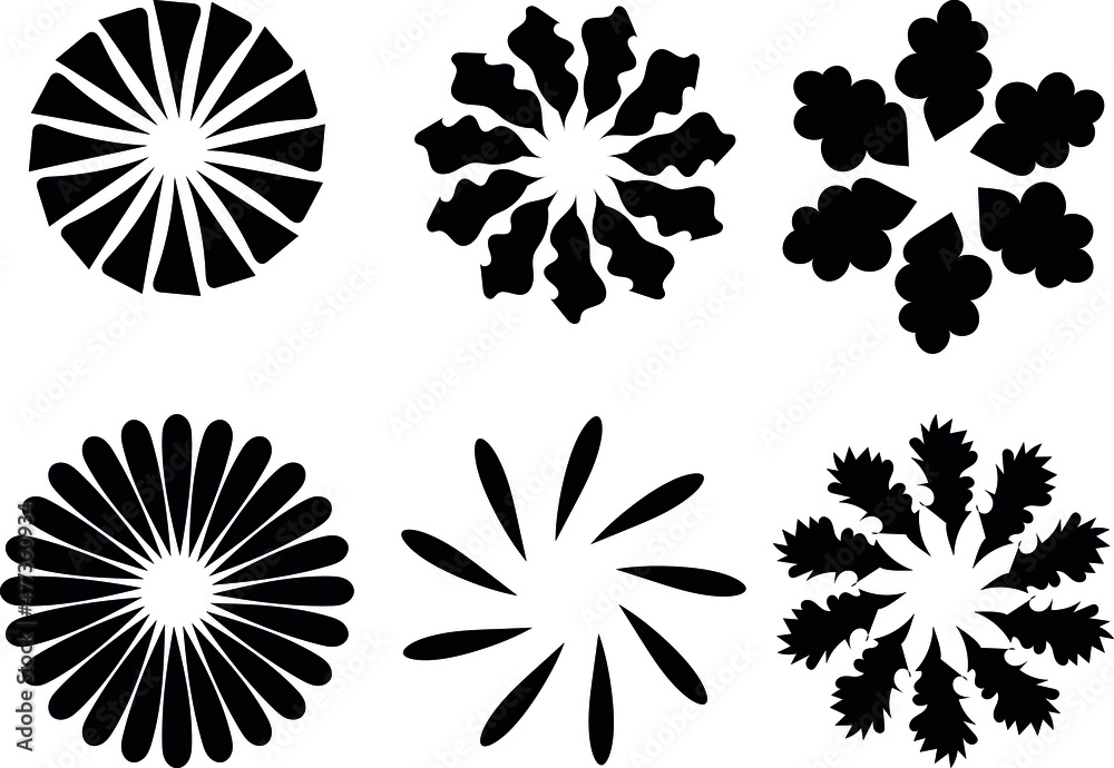 Flowers, petals, leaves, set of black design elements, botanical shapes. Transparent background.  Abstract vector illustration, eps 10.