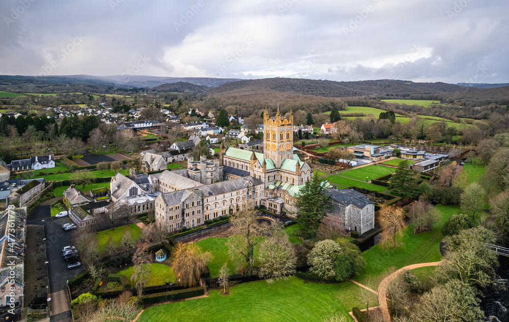 Buckfast Abbey Church from a drone, Buckfastleigh, Devon, England, Europe