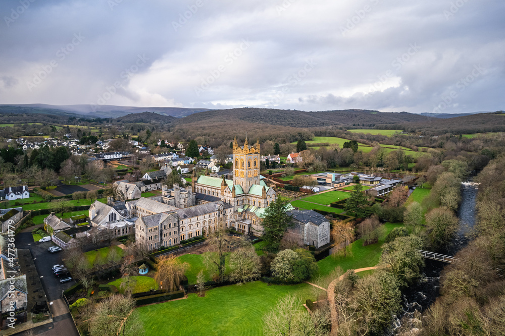 Buckfast Abbey Church from a drone, Buckfastleigh, Devon, England, Europe