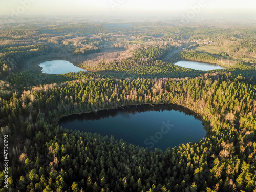 Aerial view of tiny forest lakes in Kurtuvenai regional park in Lithuania. photo