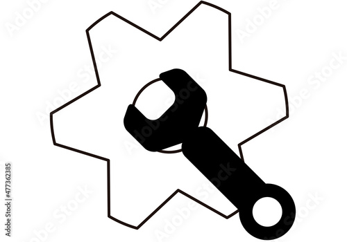 Icono negro de engranaje en fondo blanco con llave inglesa. 