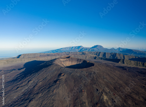 Aerial view of Piton de la Fournaise, a crater on Reunion Island.