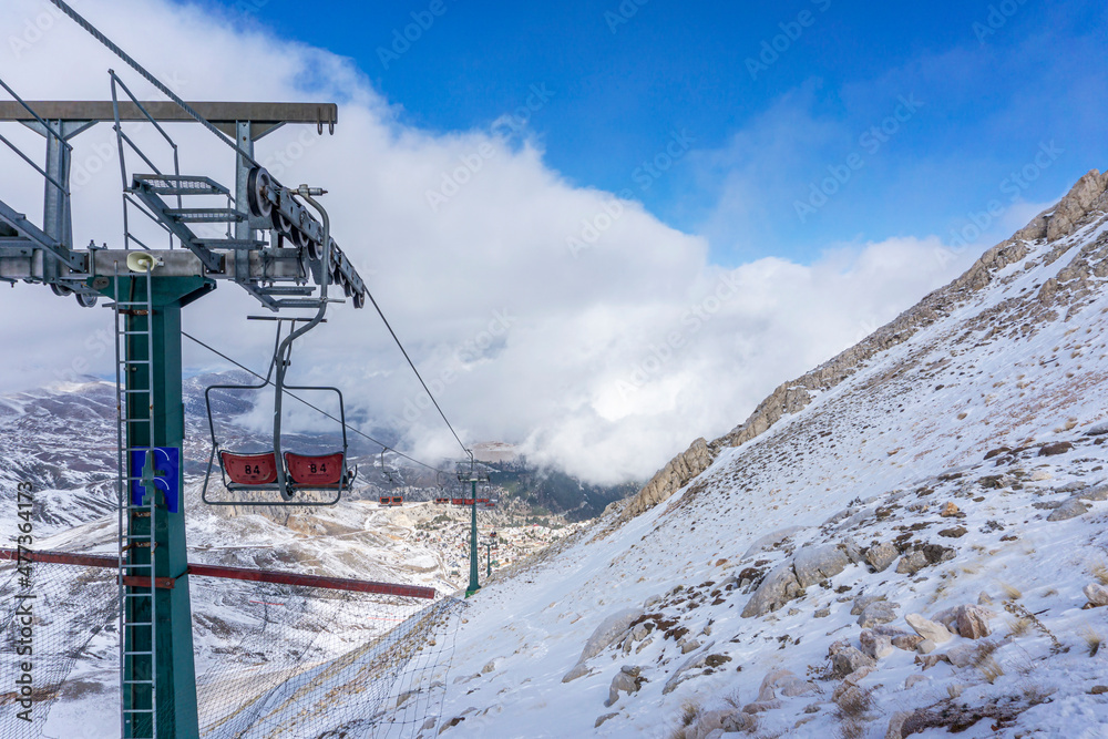The scenic winter view of Saklıkent, which  is a winter resort, 45 kilometres from Antalya and has one two-seater chairlift, and one T-bar ski lift in Turkey