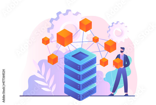 Application service abstract concept. Decentralized apps. Young man stands next to large database and shares information over network. Blockchain or Data Storage. Cartoon flat vector illustration