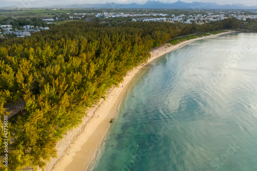 Aerial view of Mont Choisy Beach, a beautiful coastline near the reef in Mont Choisy, Mauritius.