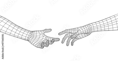 Polygonal Mesh or Wireframe Hands Reaching to Each Other. Offering Help Gesture