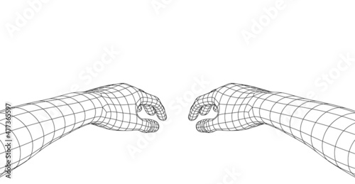 Polygonal Mesh or Wireframe Hands in Front of Viewer. VR or Virtual Reality Concept With First Persont Point of View © DGTL Graphics sro