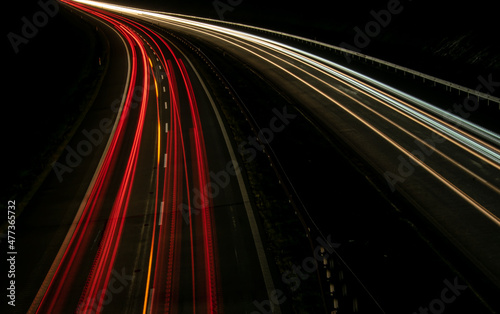 Night road lights. Lights of moving cars at night. long exposure red, blue, green, orange.