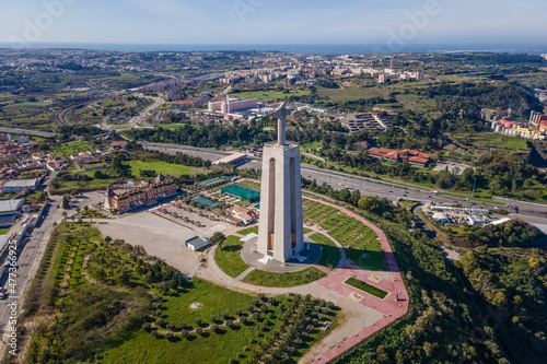 Aerial view of Cristo Rei (Christ the King) statue in Almada district, Lisbon, Portugal. photo