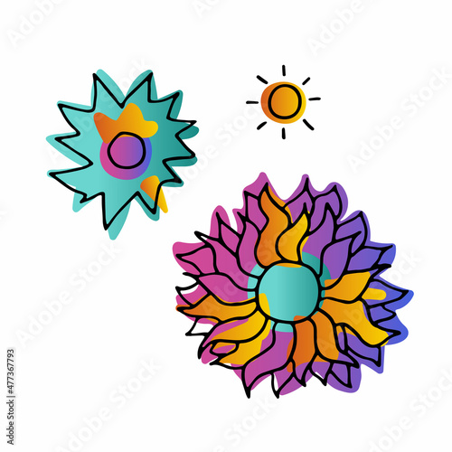 Space doodle set. Hand-drawn Sun isolated on white background. Neon color astronomical object. Sunny day, clear weather, Synoptic sign. Vacation, travel symbol. Vector children education illustration