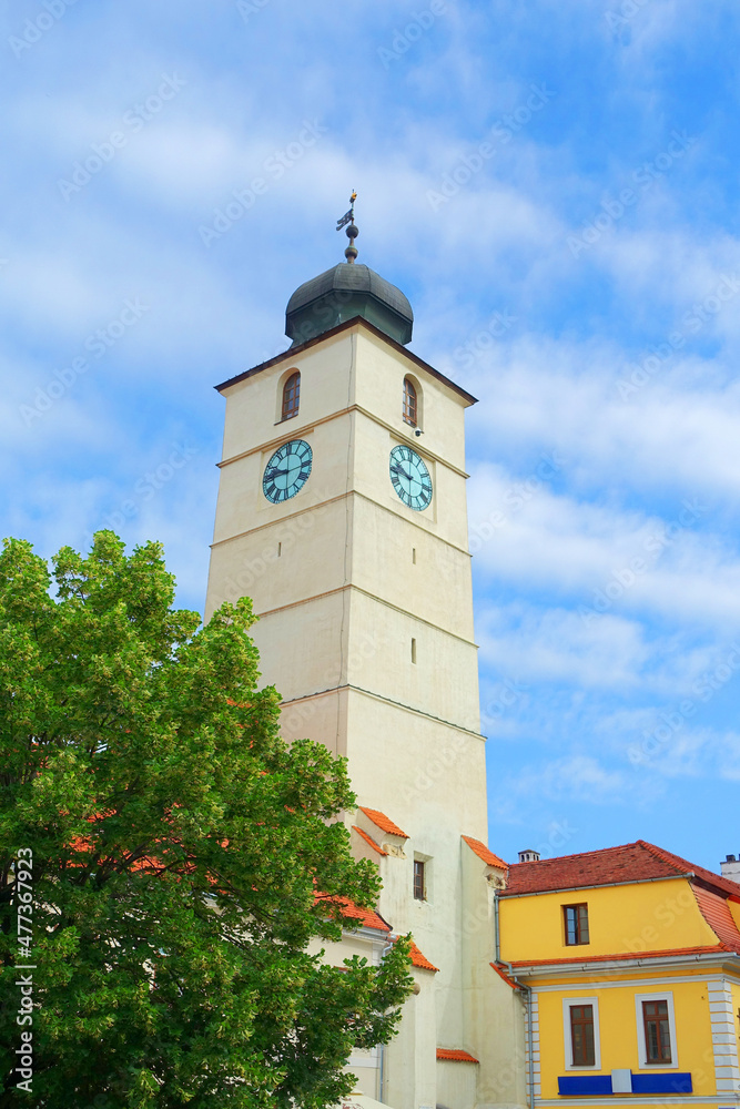 The Council Tower in the old city center of Sibiu, Transylvania, Romania, Europe       
