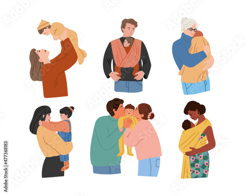 Set of various families with newborn baby and toddlers. Happy parents hug children. Vector hand drawn collection in flat cartoon style. Isolated on white background.