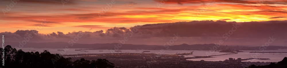 Sunset over San Francisco Bay Area Panorama via Grizzly Peak in Berkeley Hills