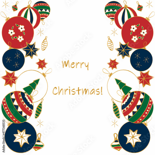 Colored vector greeting card with christmas bauble. Doodle style vertical bordure for decoration, wrapping, invitation.