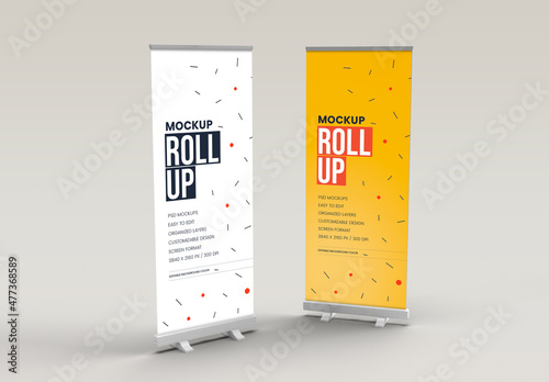 Dual Roll-Up Banner Mockup – Realistic Presentation of Two Freestanding Advertising Displays on Neutral Background for Promotional Design