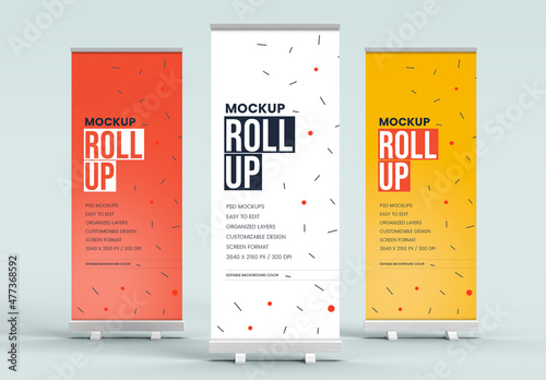 Triple Roll-Up Banner Mockup – Clean Studio Setup with Color Variations for Professional Event and Business Promotions