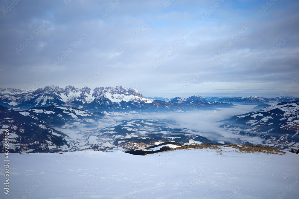Kitzbühel surrounded by mountains from Hahnenkamm, Tirol, Austria