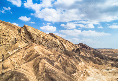 Aerial view of HaMakhtesh HaKatan, a geological erosional landform crater, Negev, Israel.