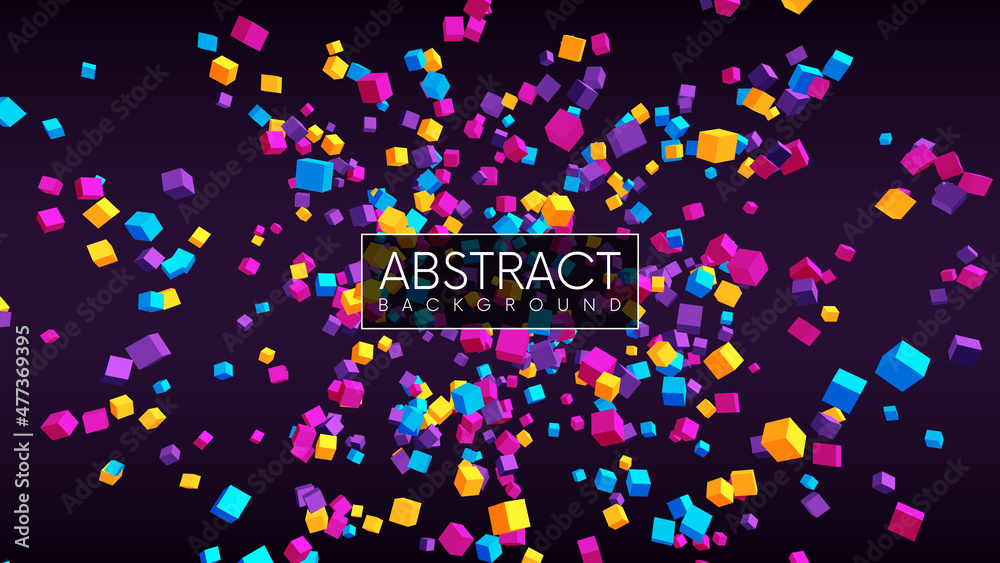 Obraz premium Abstract geometric background with flying 3d cubes. Futuristic explosion with colorful cubes. Vector illustration
