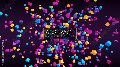 Abstract geometric background with flying 3d cubes. Futuristic explosion with colorful cubes. Vector illustration