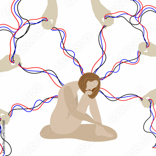The concept of influence or manipulation. Other people's hands control a woman's emotions and psychological state. The puppet submits to the opinion of others. The character overcomes addiction.