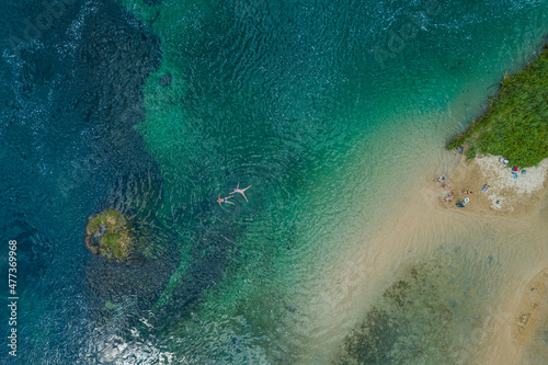 Aerial view of persons swimming in Una river near waterfalls, Lohovo, Bosnia and Herzegovina. photo