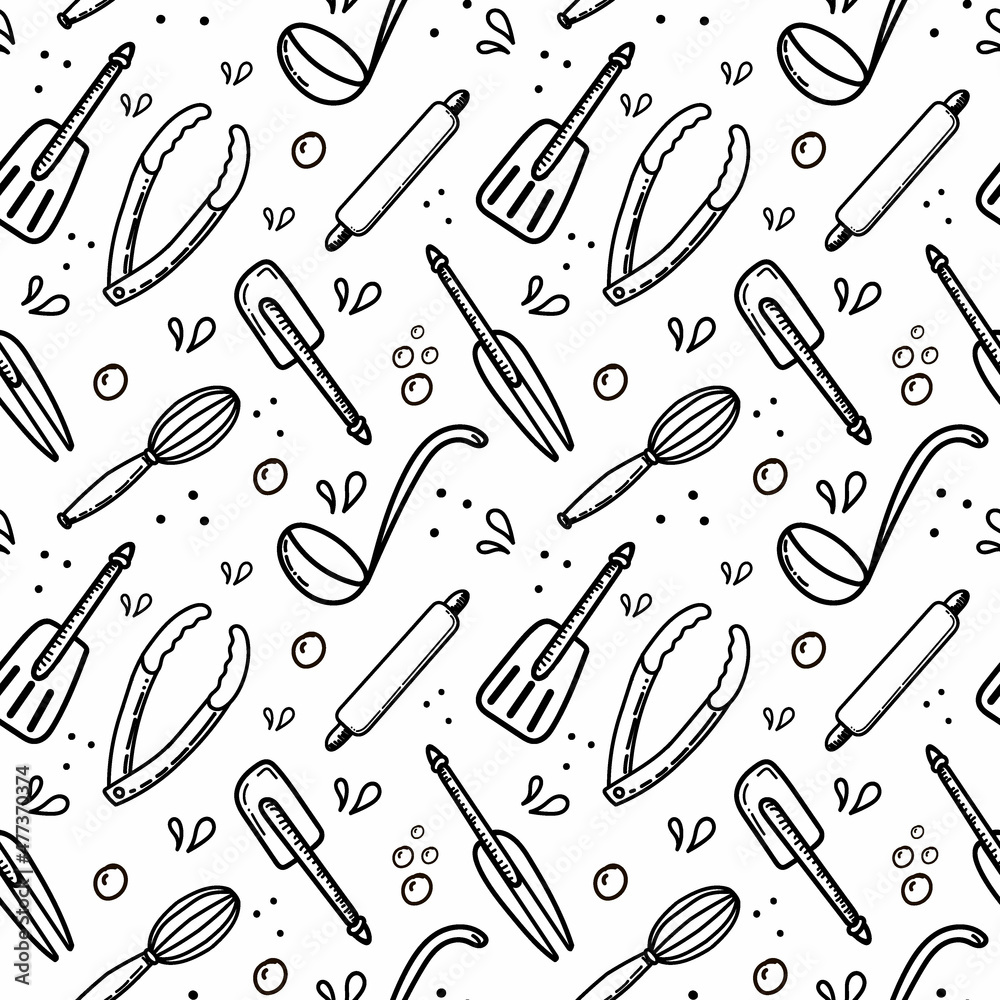 A seamless pattern of hand-drawn elements. Chef's tools: rolling pin, tongs, spatula, whisk, and fork. Doodle style vector illustration. A seamless pattern of hand-drawn elements. Chef's tools: rolling pin, tongs, spatula, whisk, and fork. Doodle style vector illustration.
