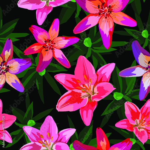 Pink and purple lily flowers vector seamless pattern